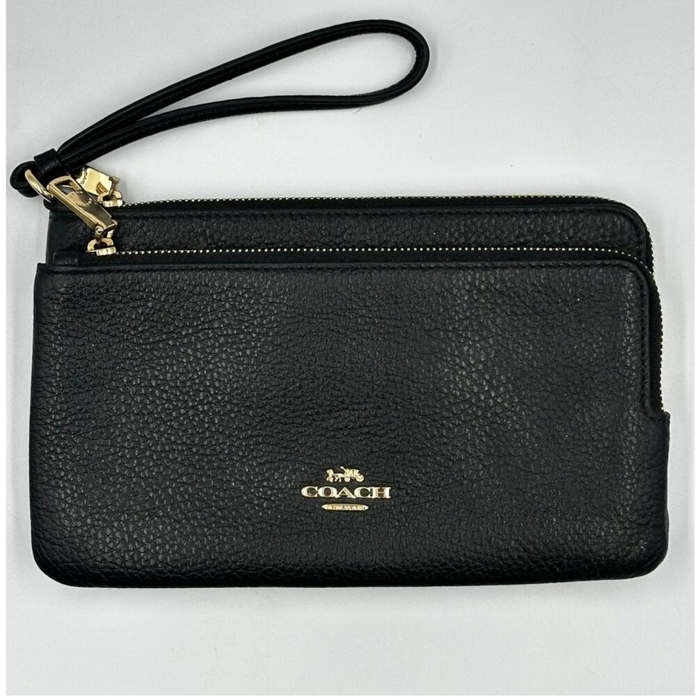 Coach CU919 Double Zip Wallet Wristlet Black Pebble Leather Gold Hardware